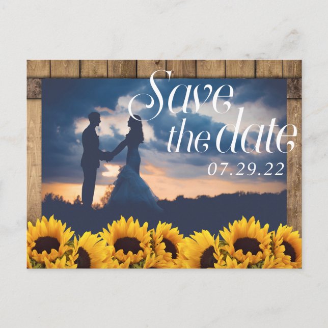 Rustic Sunflower Barn Wood Photo Save the Date Announcement Postcard (Front)