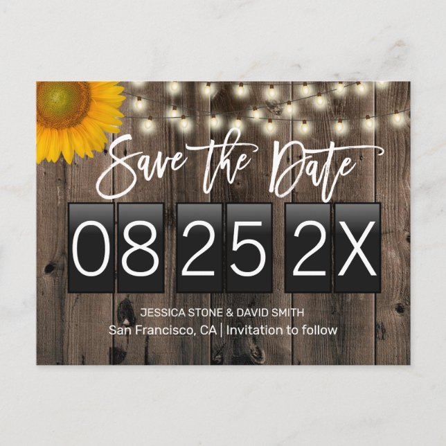 Rustic Sunflower Barn Wood Save the Date Announcement Postcard (Front)