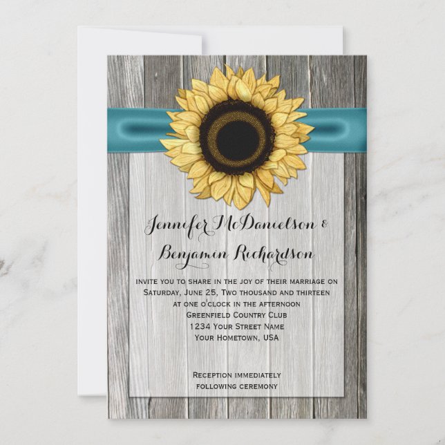 Rustic Sunflower Barn Wood Teal Ribbon Invitation (Front)