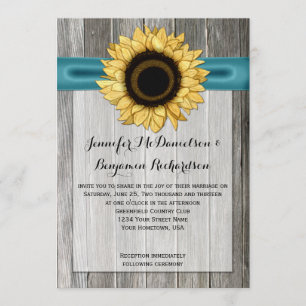Rustic Sunflower Barn Wood Teal Ribbon Invitation