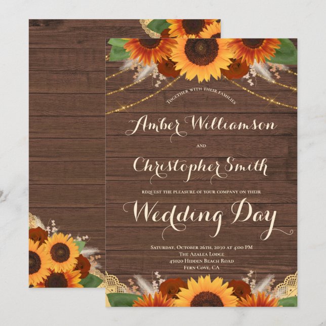 Rustic Sunflower Barn Wood Terracotta Rose Wedding Invitation (Front/Back)