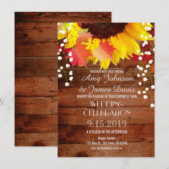 Rustic Sunflower Barn Wood Wedding Invitations (Front/Back)