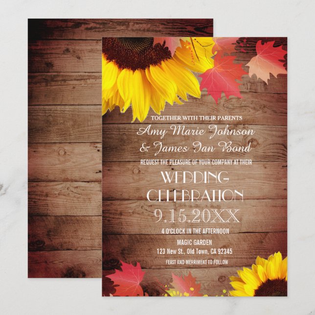 Rustic Sunflower Barn Wood Wedding Invitations (Front/Back)