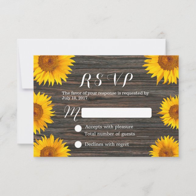 Rustic Sunflower Barn Wood Wedding RSVP (Front)