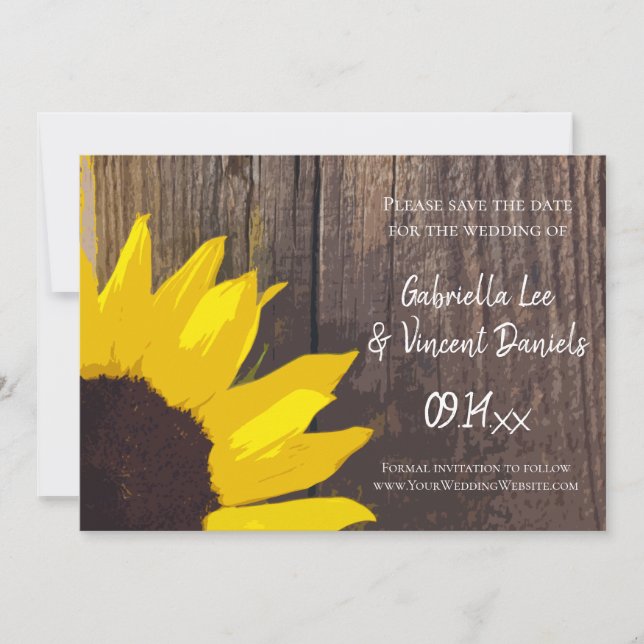 Rustic Sunflower Barn Wood Wedding Save the Date (Front)