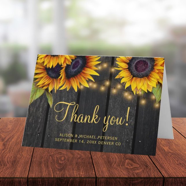 Rustic sunflower barn wood wedding thank you card (Creator Uploaded)