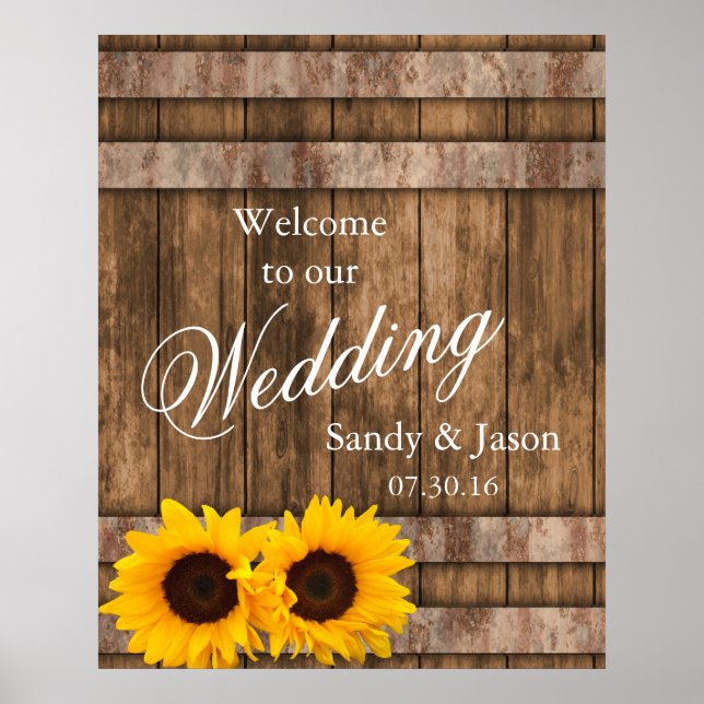 Rustic Sunflower Barn Wood Wedding Welcome Poster (Front)