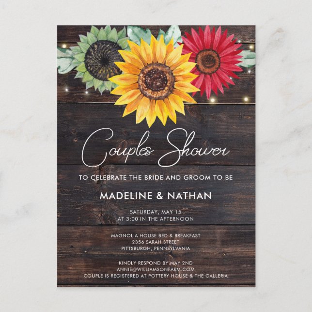 Rustic Sunflower Barnwood Couples Shower Invite Postcard (Front)