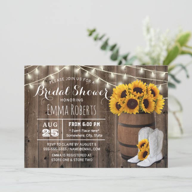 Rustic Sunflower Barrel Country Bridal Shower Invitation (Standing Front)