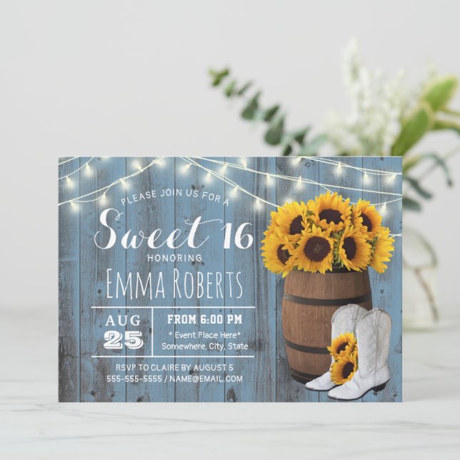 Rustic Sunflower Barrel Dusty Blue Barn Sweet 16 Invitation (Standing Front)