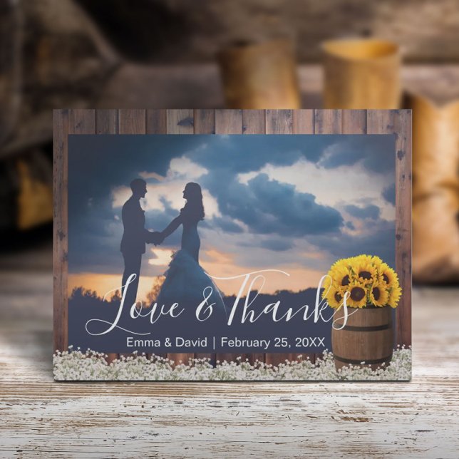 Rustic Sunflower Barrel Wedding Photo Thank You Postcard (Creator Uploaded)