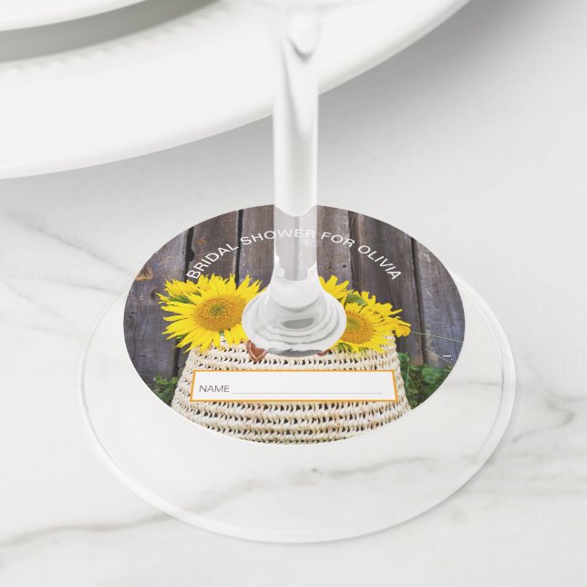 Rustic Sunflower Basket Bridal Shower Wine Glass Tag (Close Up)