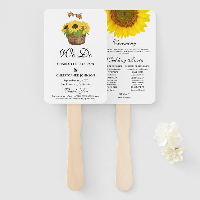 Rustic Sunflower & Bee Wedding Program  Hand Fan (Front and Back)