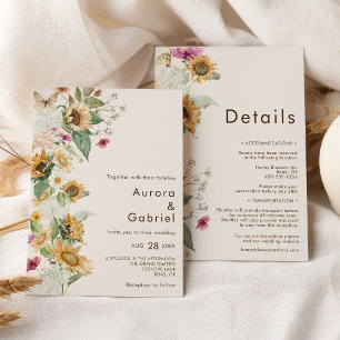 Rustic Sunflower Beige Details All In One Wedding Invitation