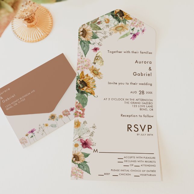 Rustic Sunflower Beige Entree Choice RSVP Wedding All In One Invitation (Creator Uploaded)