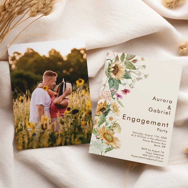 Rustic Sunflower Beige Photo Engagement Party Invitation (Creator Uploaded)