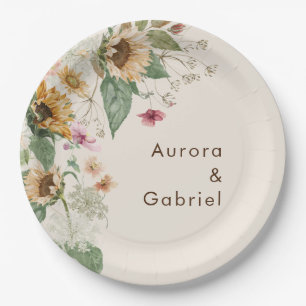 Rustic Sunflower Beige Wedding Paper Plates