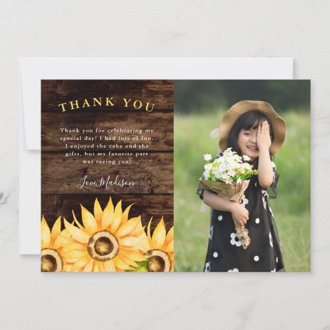 Rustic Sunflower Birthday Party Photo Thank You Card (Front)