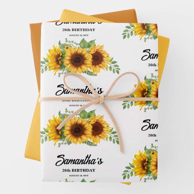 Rustic Sunflower Birthday Wrapping Paper Sheet (In situ)
