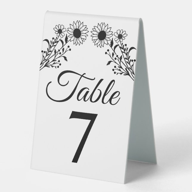 Rustic Sunflower Black White Floral Wedding Number (Front)
