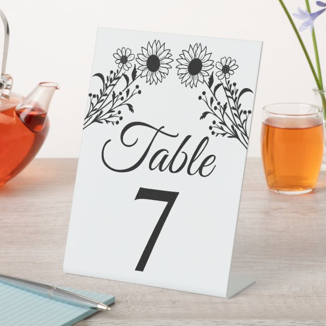 Rustic Sunflower Black White Floral Wedding Number Pedestal Sign (In SItu)