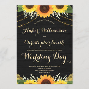 Rustic Sunflower Black Wood String Lights Wedding Invitation