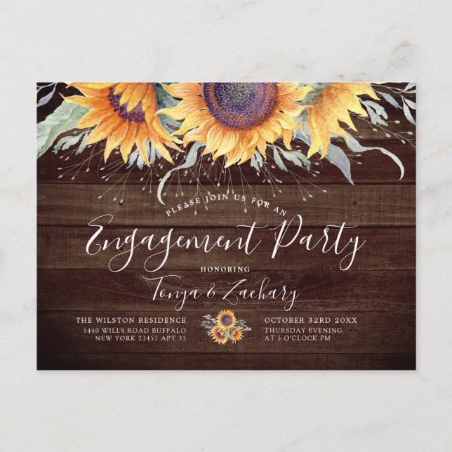 Rustic Sunflower Bloom | Engagement Party Invite Postcard (Front)