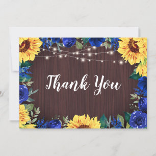 Rustic Sunflower Blue Floral Border Wood Wedding Thank You Card