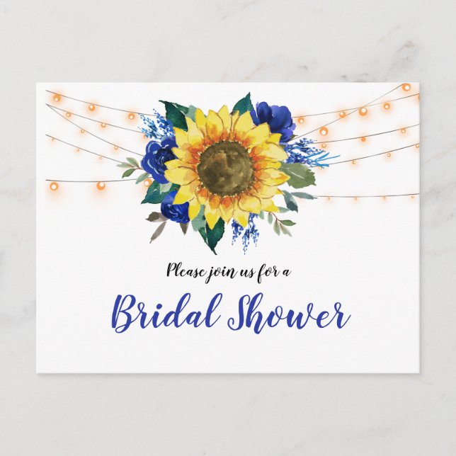 Rustic Sunflower Blue Floral Lights Bridal Shower Invitation Postcard (Front)