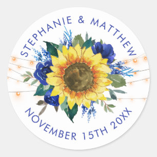 Rustic Sunflower Blue Floral Lights Wedding Date Classic Round Sticker