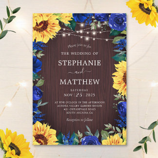 Rustic Sunflower Blue Floral Lights Wedding Invitation