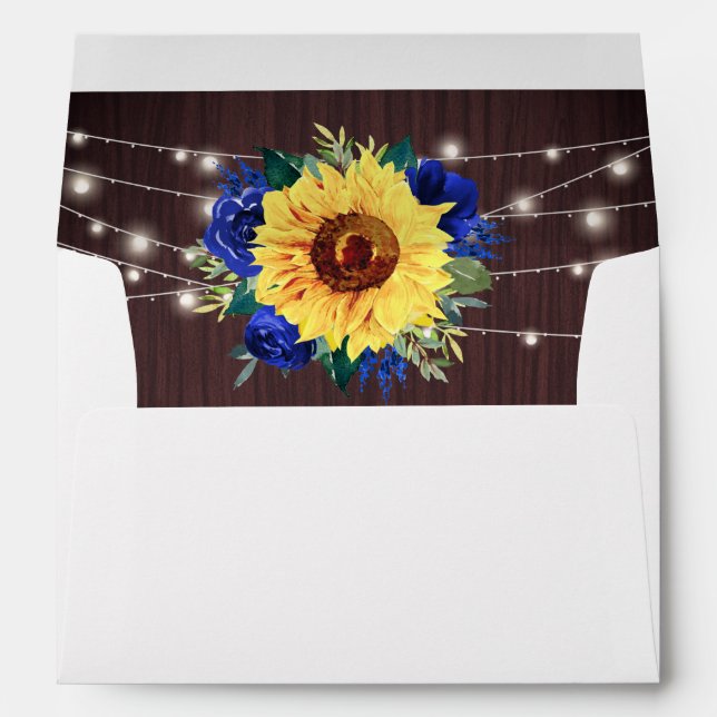 Rustic Sunflower Blue Floral Lights Wood Wedding Envelope (Back (Bottom))