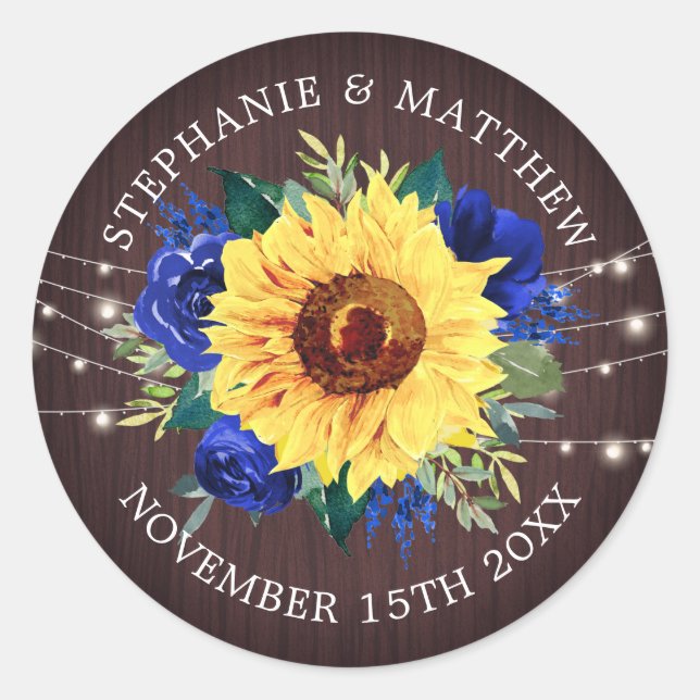Rustic Sunflower Blue Floral String Lights Wedding Classic Round Sticker (Front)