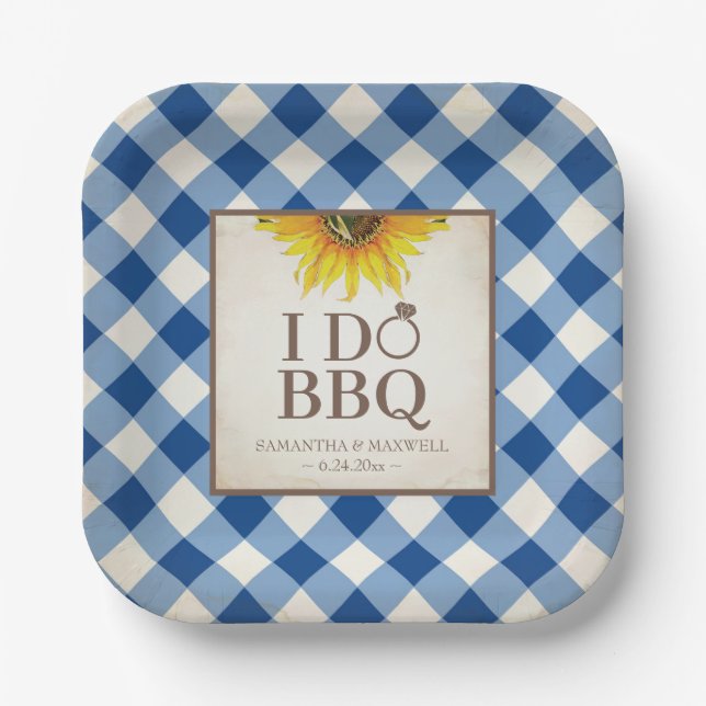 Rustic Sunflower Blue Gingham I Do BBQ Paper Plate (Front)
