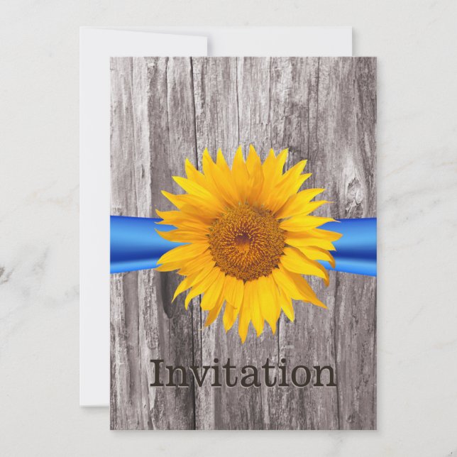 Rustic Sunflower Blue Ribbon Wood Bridal Shower Invitation (Front)