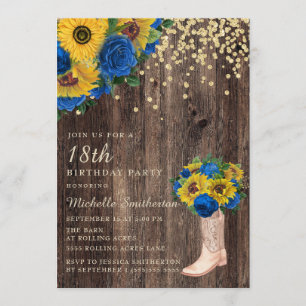 Rustic Sunflower Blue Roses Boots 18th Birthday Invitation