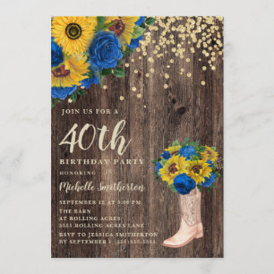 Rustic Sunflower Blue Roses Boots 40th Birthday Invitation