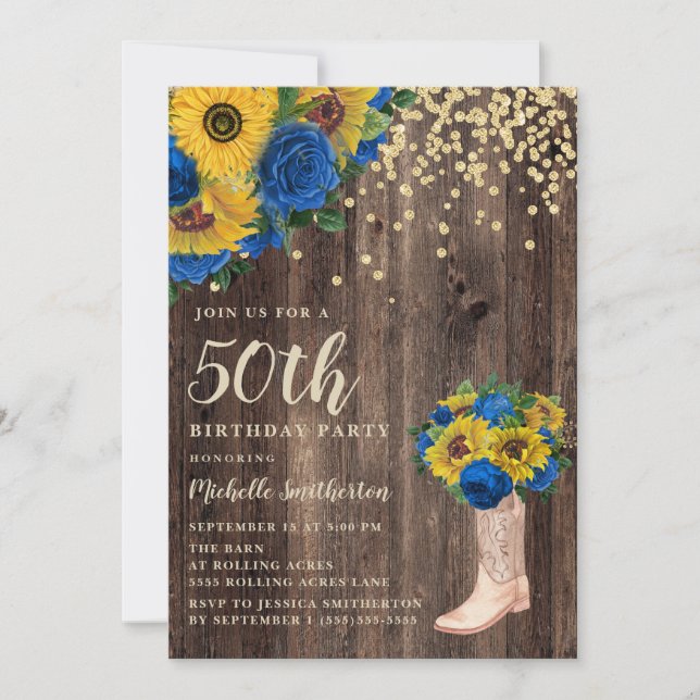 Rustic Sunflower Blue Roses Boots 50th Birthday Invitation (Front)