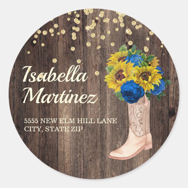 Rustic Sunflower Blue Roses Boots Address Classic Round Sticker (Front)