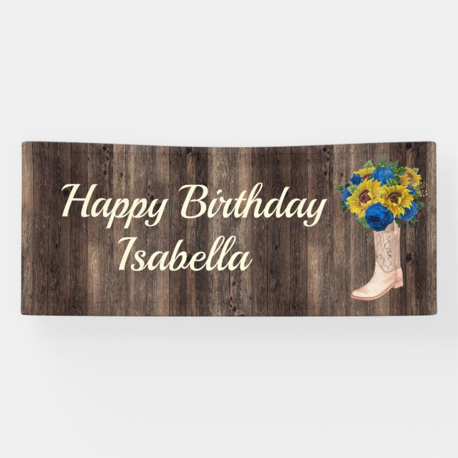 Rustic Sunflower Blue Roses Boots Happy Birthday Banner (Horizontal)