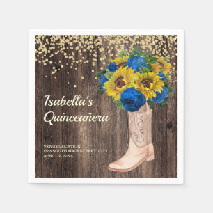 Rustic Sunflower Blue Roses Boots Quinceañera Napkin