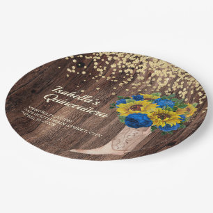 Rustic Sunflower Blue Roses Boots Quinceañera Paper Plate