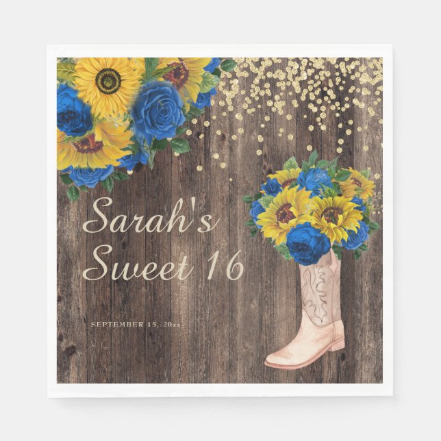 Rustic Sunflower Blue Roses Boots Sweet 16 Napkin (Front)