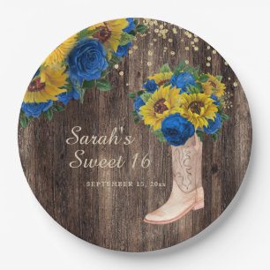 Rustic Sunflower Blue Roses Boots Sweet 16  Paper Plate