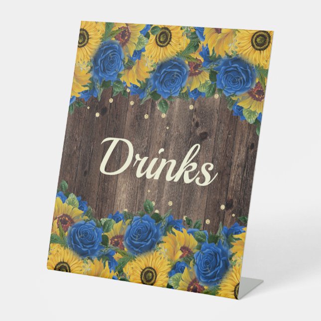 Rustic Sunflower Blue Roses Party Drink Station Pedestal Sign (Front)