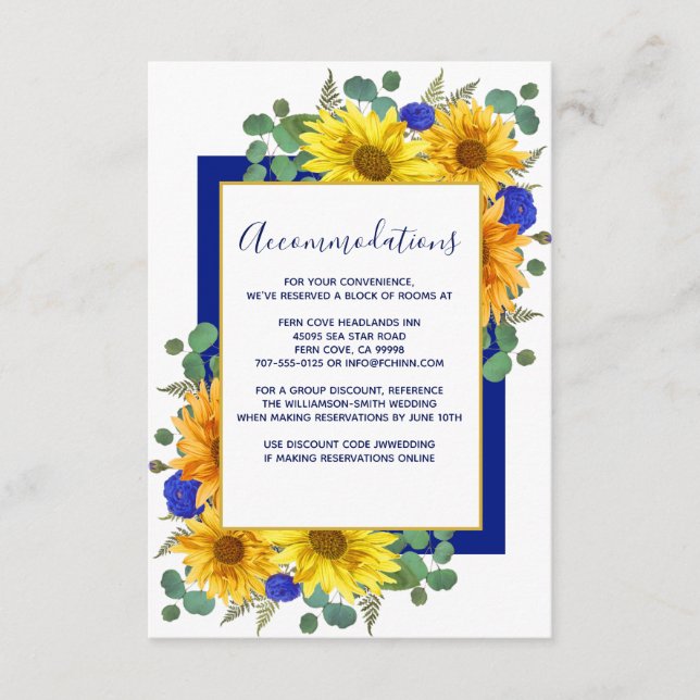 Rustic Sunflower Blue Roses Wedding Accommodations Enclosure Card (Front)