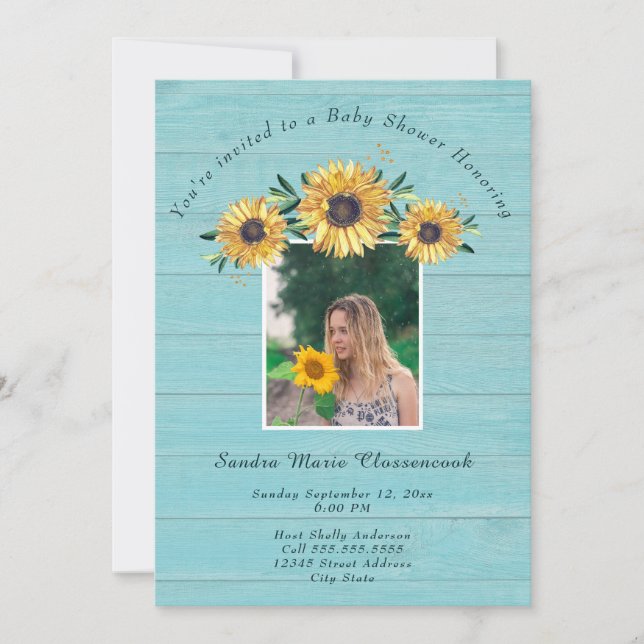 Rustic Sunflower Blue Wood Boy Baby Shower Invitation (Front)