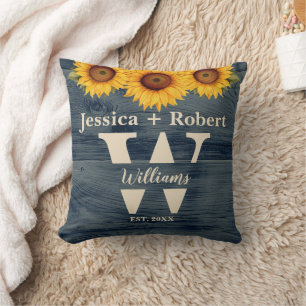 Rustic Sunflower Blue Wood Personalised Pillow