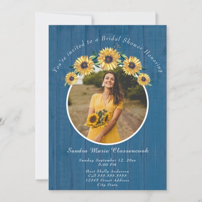 Rustic Sunflower Blue Wood Wedding Bridal Shower I Invitation (Front)