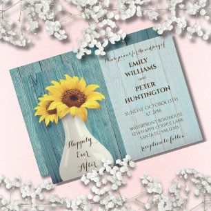 Rustic Sunflower Blue Wood Wedding Invitation